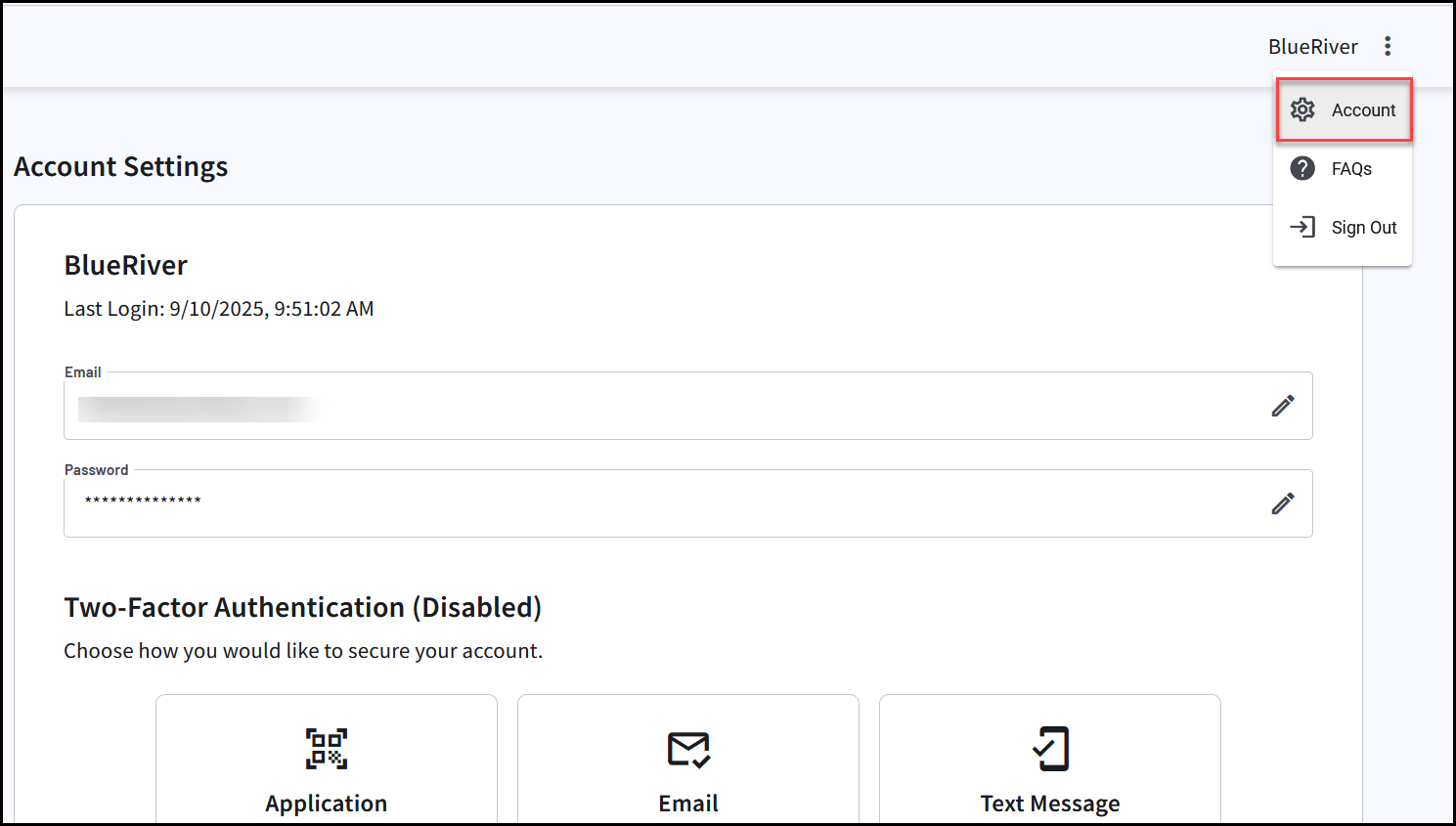 The Two Factor Authentication section of the Account page